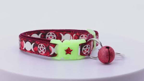 Wicca Cat Collar - Witch's Familiar on Ruby - Breakaway Cat Collar - Kitten or Large size - Glow in the Dark B41D31