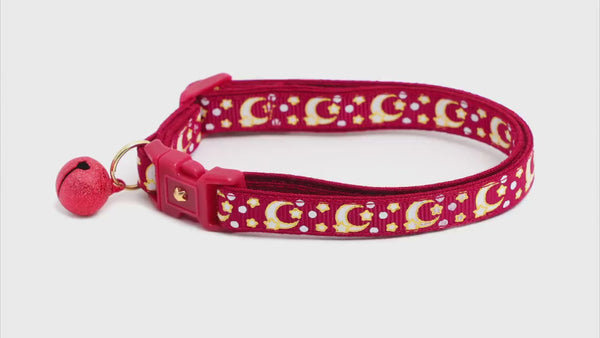 Moon Cat Collar - Gold Moons and Stars on Dark Red - Breakaway Cat Collar - Kitten or Large size - Glow in the Dark B146D204