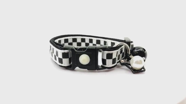 Checkered Cat Collar - Black and White Checks - Safety Breakaway - Small Cat / Kitten Size or Large Size B47D242