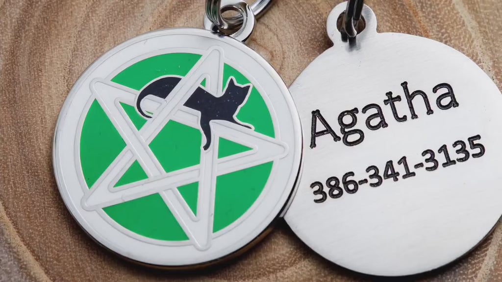 Engraved Wicca Cat ID Tag - Personalized Cat Pentagram ID Tag - Custom Wiccan Pet Name Tag -- Green