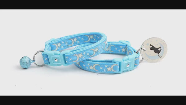 Moon Cat Collar - Silver Moons and Stars on Blue - Breakaway Cat Collar - Kitten or Large size - Glow in the Dark B21D201