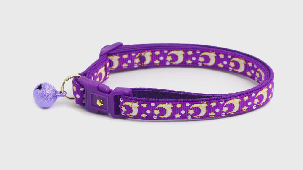 Moon Cat Collar - Gold Moons and Stars on Purple - Breakaway Cat Collar - Kitten or Large size - Glow in the Dark B18D204