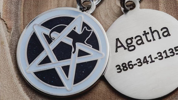 Engraved Wicca Cat ID Tag - Personalized Cat Pentagram ID Tag - Custom Wiccan Pet Name Tag -- Black