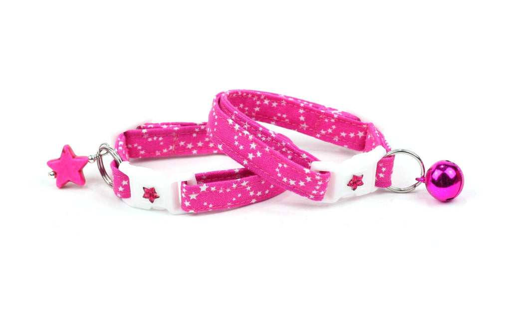 Star Cat Collar - White Stars on Pink - Small Cat / Kitten Size or Large Size B54D170