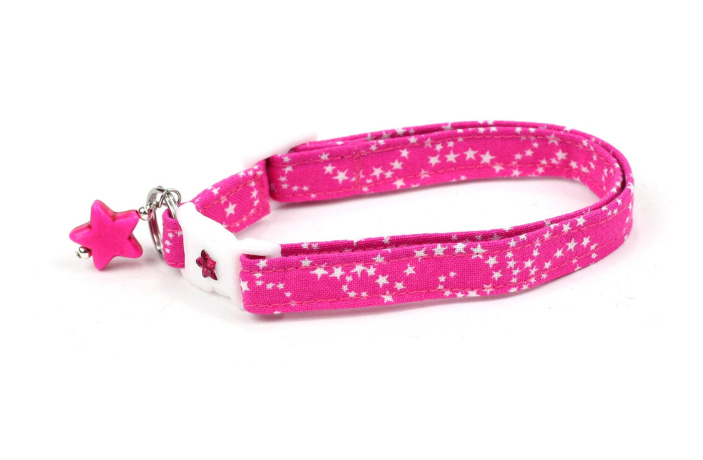Star Cat Collar - White Stars on Pink - Small Cat / Kitten Size or Large Size B54D170
