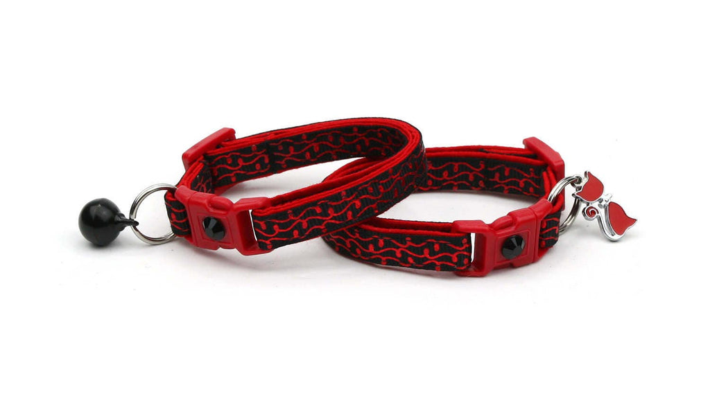 Black Cat Collar - Shiny Red Squiggles on Black- Red Swirls on Black- Doodles - Kitten or Large Size B59D160