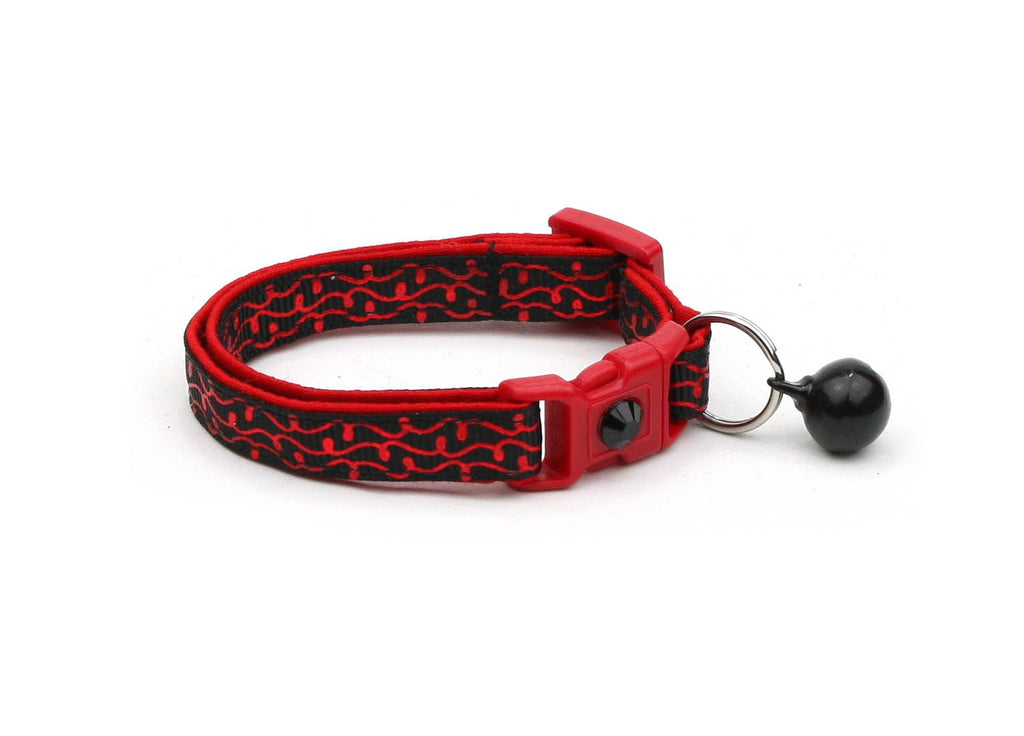 Black Cat Collar - Shiny Red Squiggles on Black- Red Swirls on Black- Doodles - Kitten or Large Size B59D160