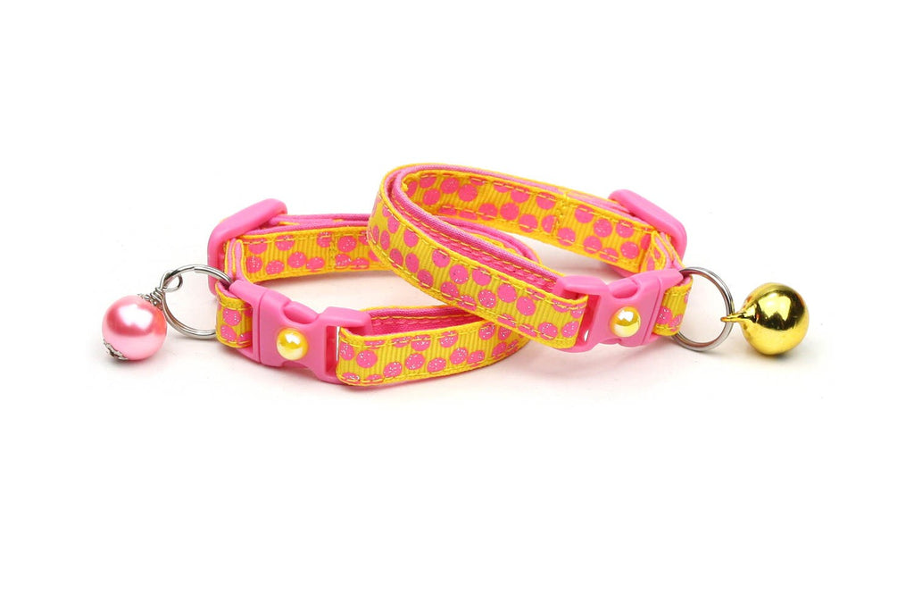 Polka Dot Cat Collar - Pink Dots on Yellow- Breakaway Cat Collar - Kitten or Large size B72D205