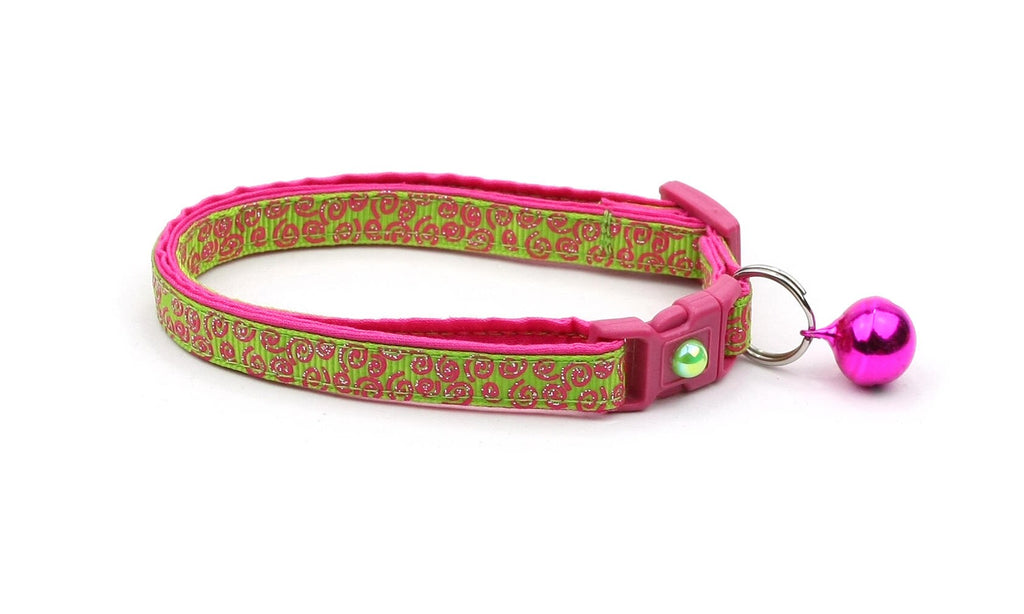 Green Cat Collar - Pink Squiggles on Bright Green - Pink Swirls on Green - Doodles - Kitten or Large Size B51D87