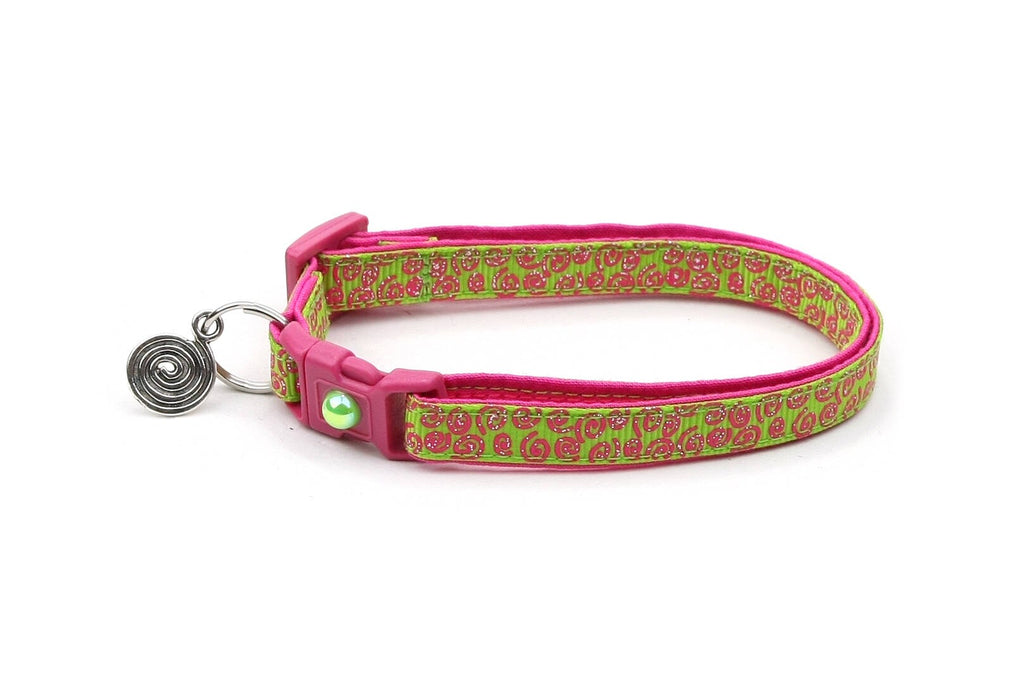 Green Cat Collar - Pink Squiggles on Bright Green - Pink Swirls on Green - Doodles - Kitten or Large Size B51D87