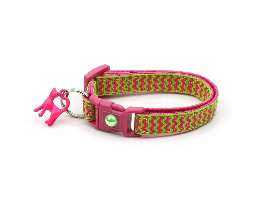 Chevron Cat Collar - Pink Chevrons on Bright Green - Breakaway Cat Collar - Kitten or Large size B6D138