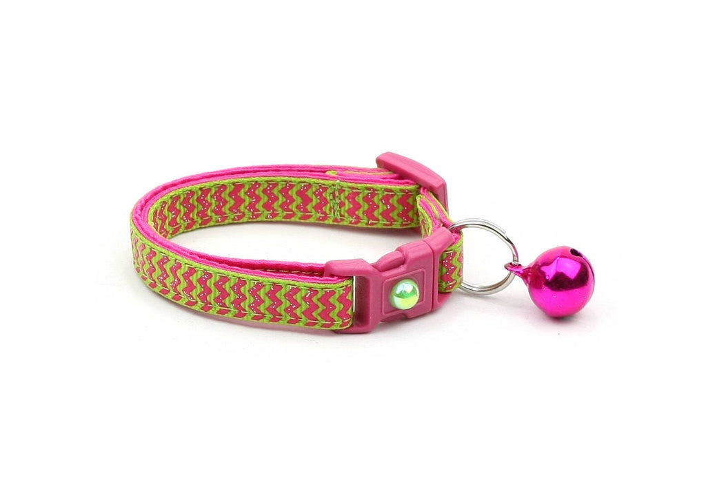 Chevron Cat Collar - Pink Chevrons on Bright Green - Breakaway Cat Collar - Kitten or Large size B6D138