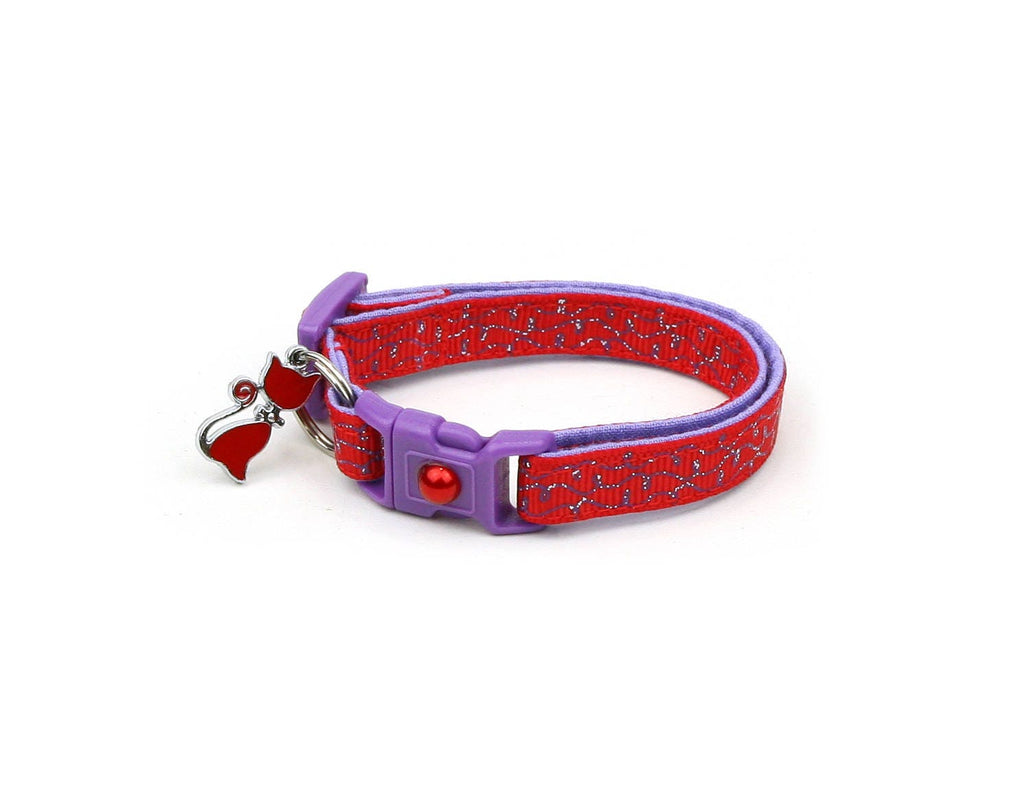 Red Cat Collar - Purple Squiggles on Red - Purple Swirls on Red - Doodles - Kitten or Large Size B34D160