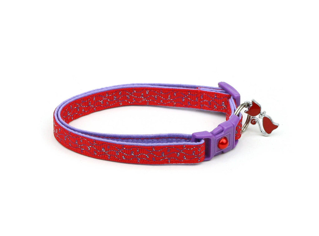 Red Cat Collar - Purple Squiggles on Red - Purple Swirls on Red - Doodles - Kitten or Large Size B34D160