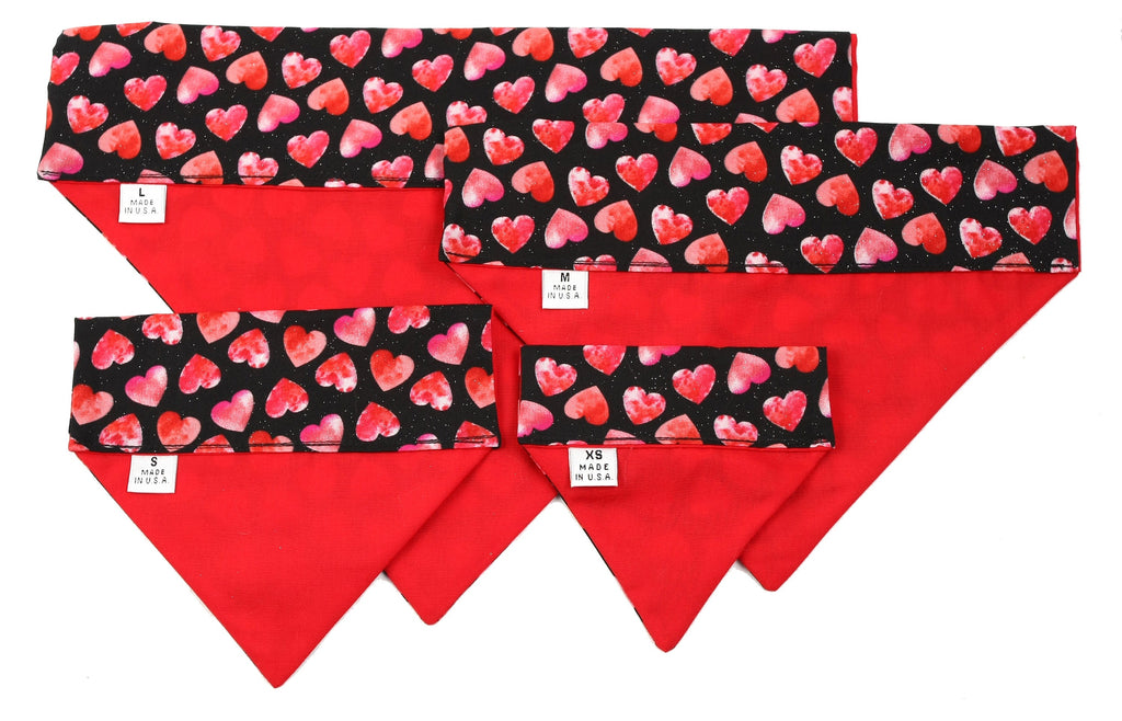 Pet Bandana - Pink and Red Hearts on Black - Pet Scarf - Collar Cover - Valentines Day