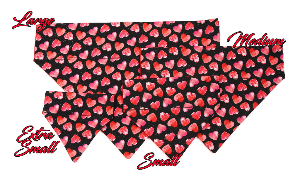Pet Bandana - Pink and Red Hearts on Black - Pet Scarf - Collar Cover - Valentines Day