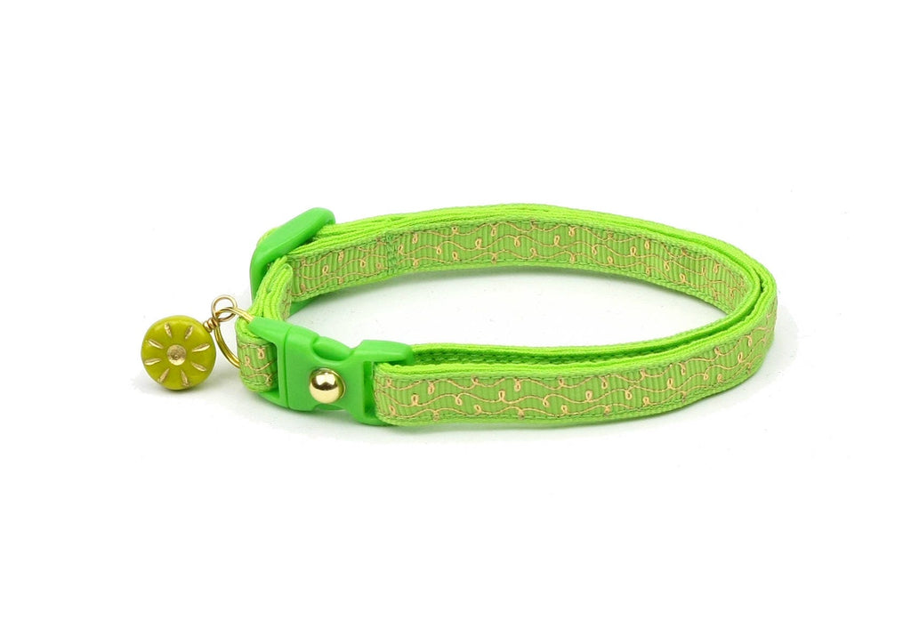 Green Cat Collar - Gold Squiggles on Bright Green - Gold Swirls on Lime - Doodles - Kitten or Large Size B69D87