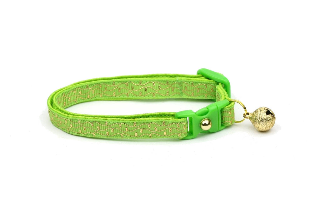 Green Cat Collar - Gold Squiggles on Bright Green - Gold Swirls on Lime - Doodles - Kitten or Large Size B69D87