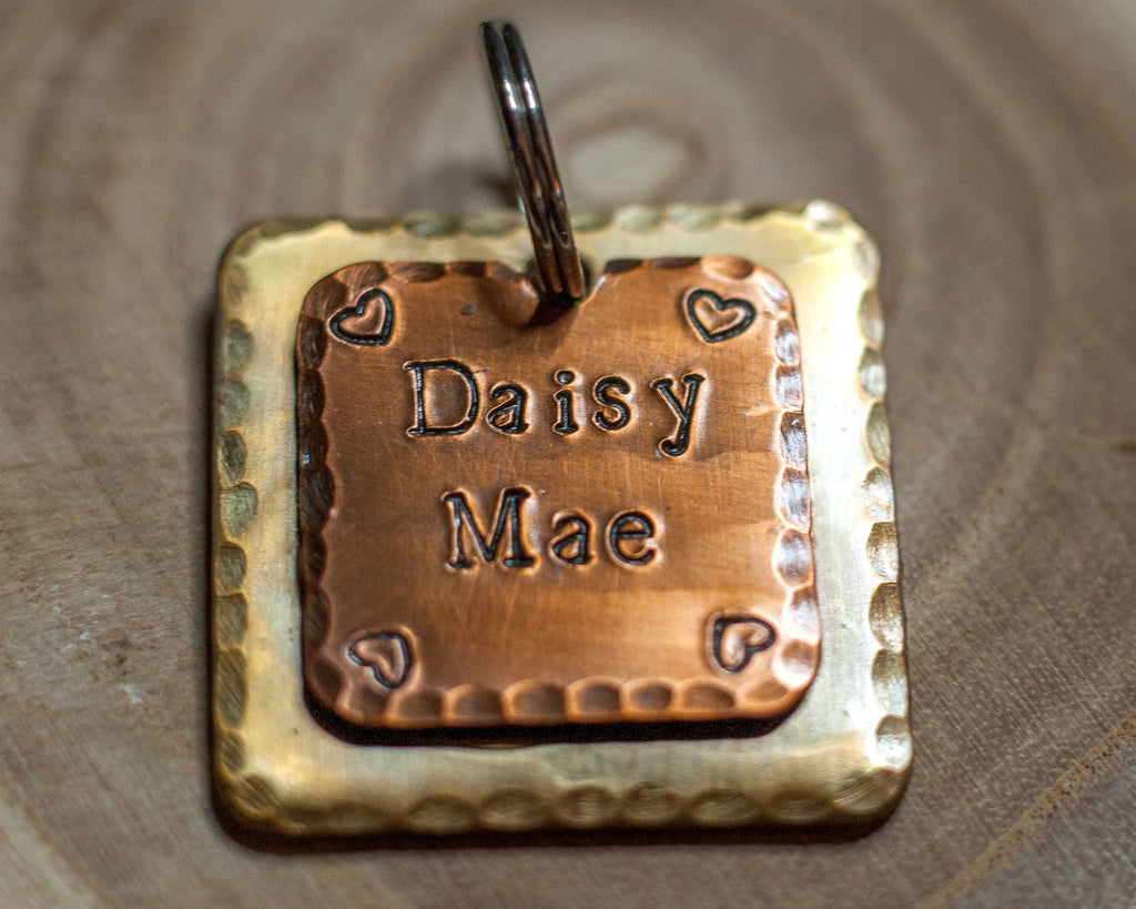 Custom Dog Tag - 1" Square Brass and Copper Dog ID Tag - Hand Stamped Cat Id Tag