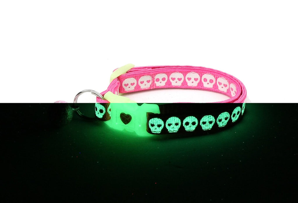 Skull Cat Collar - Glowing Skulls on Pink - Small Cat / Kitten or Large Cat Collar - Glow in the Dark B27D84