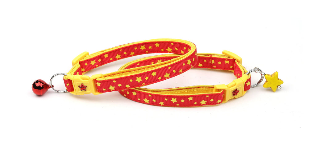 Star Cat Collar - Yellow Stars on Red - Small Cat / Kitten Size or Large Size B50D145