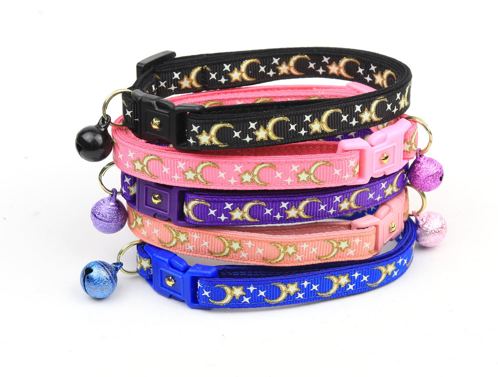 Moon Cat Collar - Gold Moons and Stars on Royal Blue - Breakaway Cat Collar - Kitten or Large size - Glow in the Dark B25D204