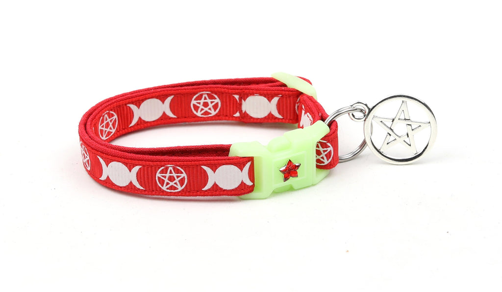 Wicca Cat Collar - Witch's Familiar on Red - Breakaway Cat Collar - Kitten or Large size - Glow in the Dark B74D31