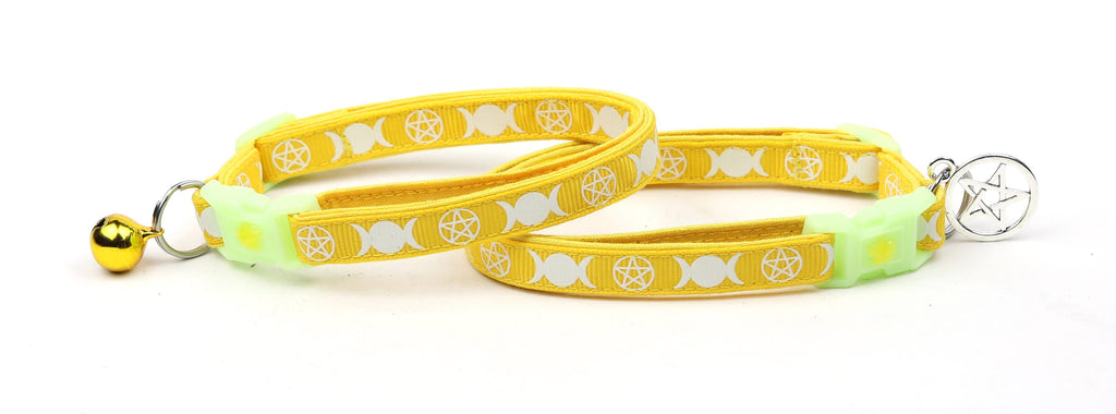 Wicca Cat Collar - Witch's Familiar on Yellow - Breakaway Cat Collar - Kitten or Large size - Glow in the Dark B61D31