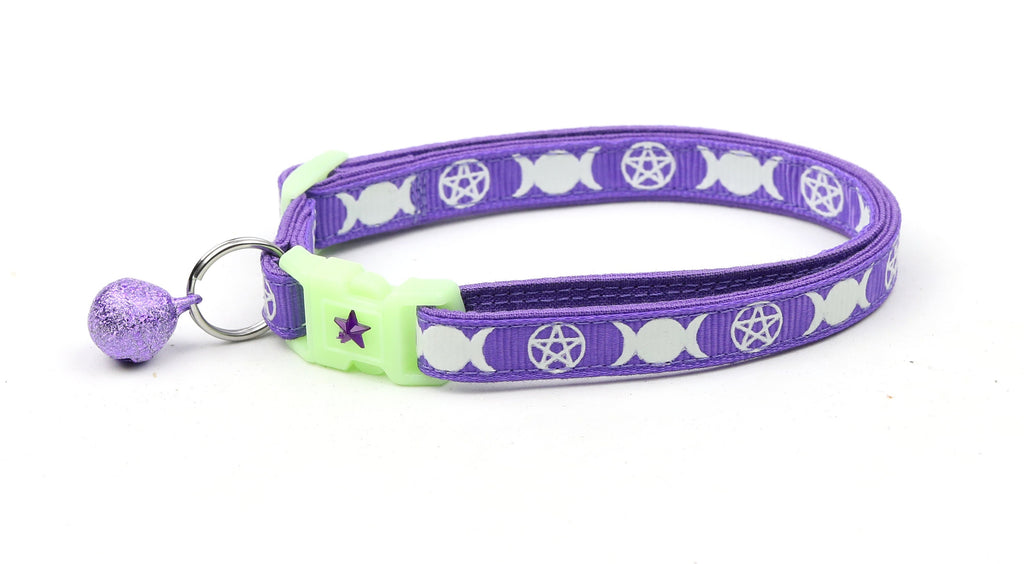 Wicca Cat Collar - Witch's Familiar on Purple  - Breakaway Cat Collar - Kitten or Large size - Glow in the Dark B17D31