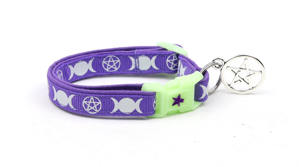 Wicca Cat Collar - Witch's Familiar on Purple  - Breakaway Cat Collar - Kitten or Large size - Glow in the Dark B17D31