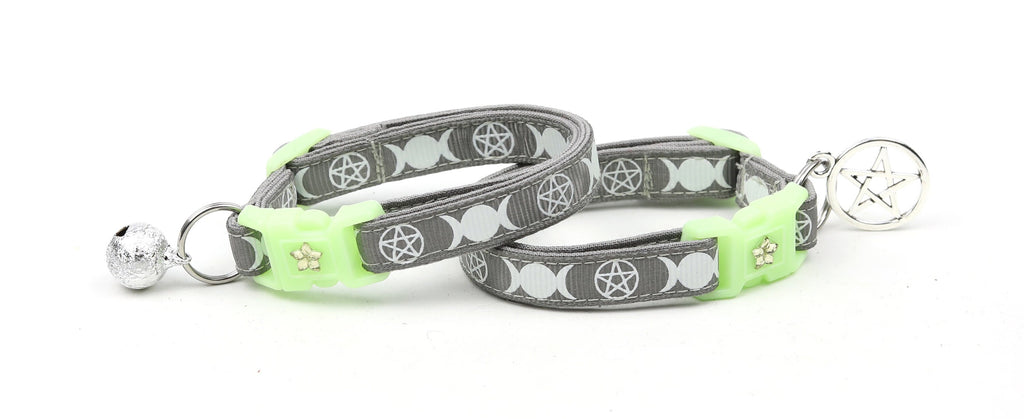Wicca Cat Collar - Witch's Familiar on Silver  - Breakaway Cat Collar - Kitten or Large size - Glow in the Dark B64D31