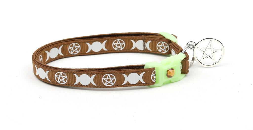 Wicca Cat Collar - Witch's Familiar on Brown  - Breakaway Cat Collar - Kitten or Large size - Glow in the Dark B72D31