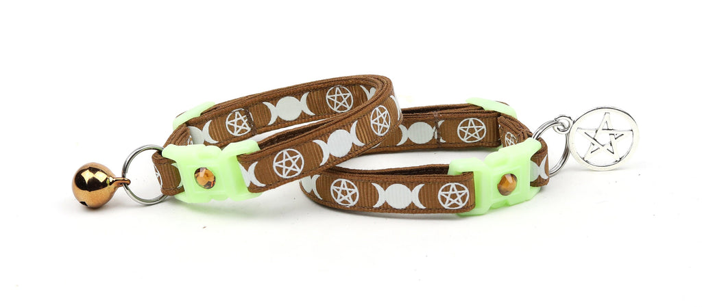 Wicca Cat Collar - Witch's Familiar on Brown  - Breakaway Cat Collar - Kitten or Large size - Glow in the Dark B72D31