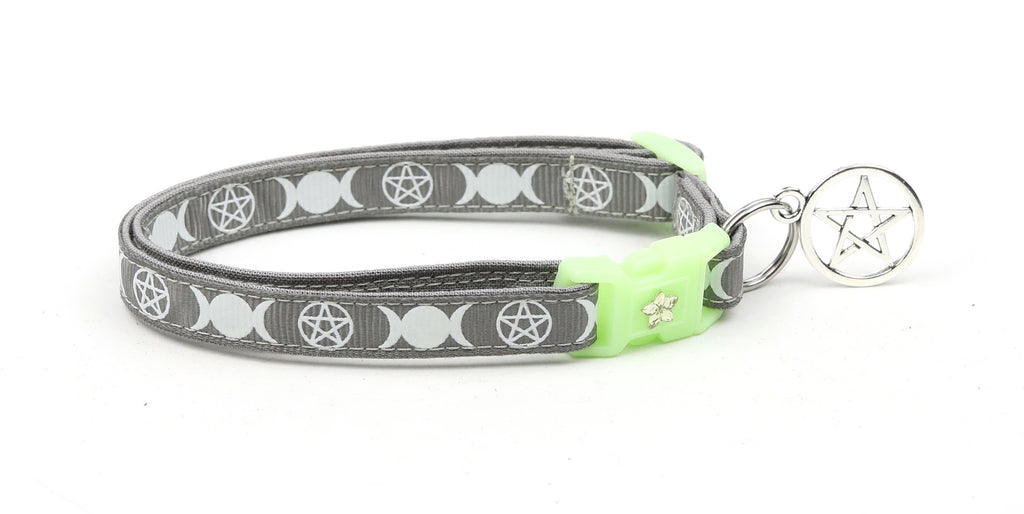 Wicca Cat Collar - Witch's Familiar on Silver  - Breakaway Cat Collar - Kitten or Large size - Glow in the Dark B64D31