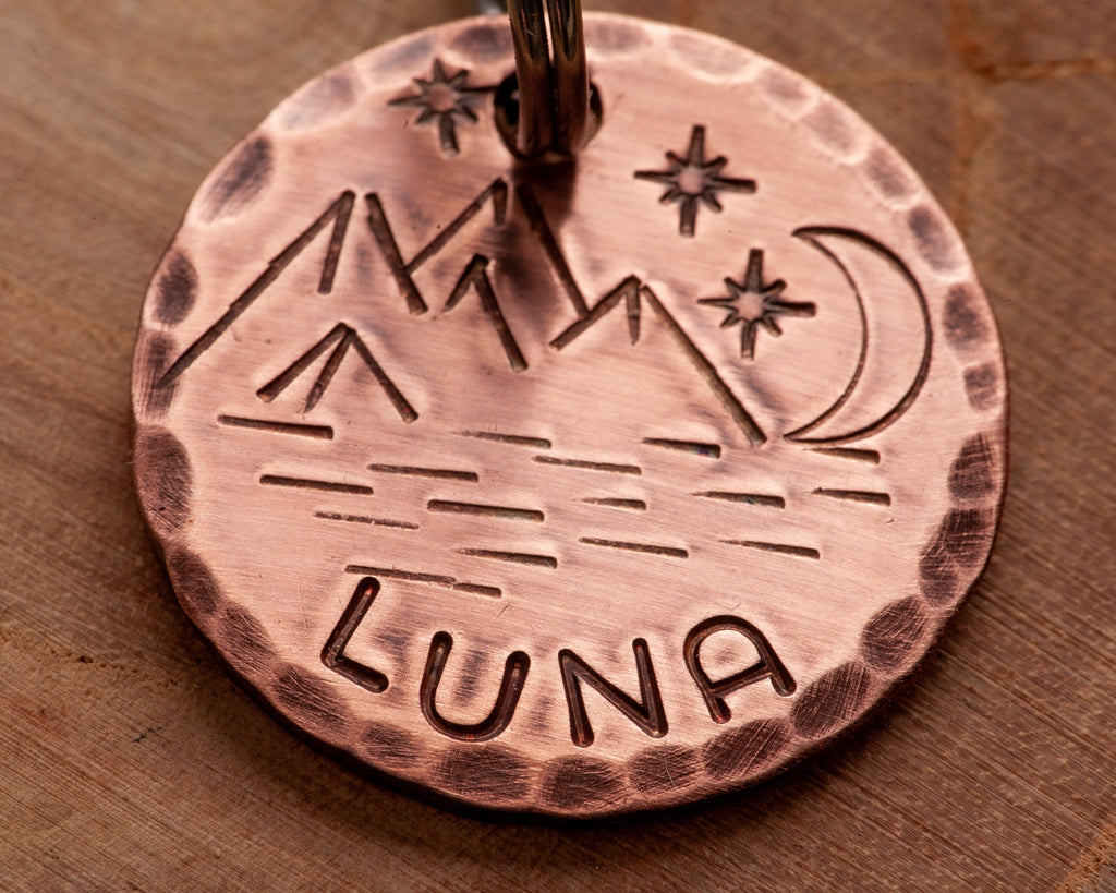 Moon stars Mountains Pet tag - Luna Dog Name Tag - Adventure Stamped Cat ID Tag -- Lake ID Tag -- Moon ID Tag -- Custom Pet Tag