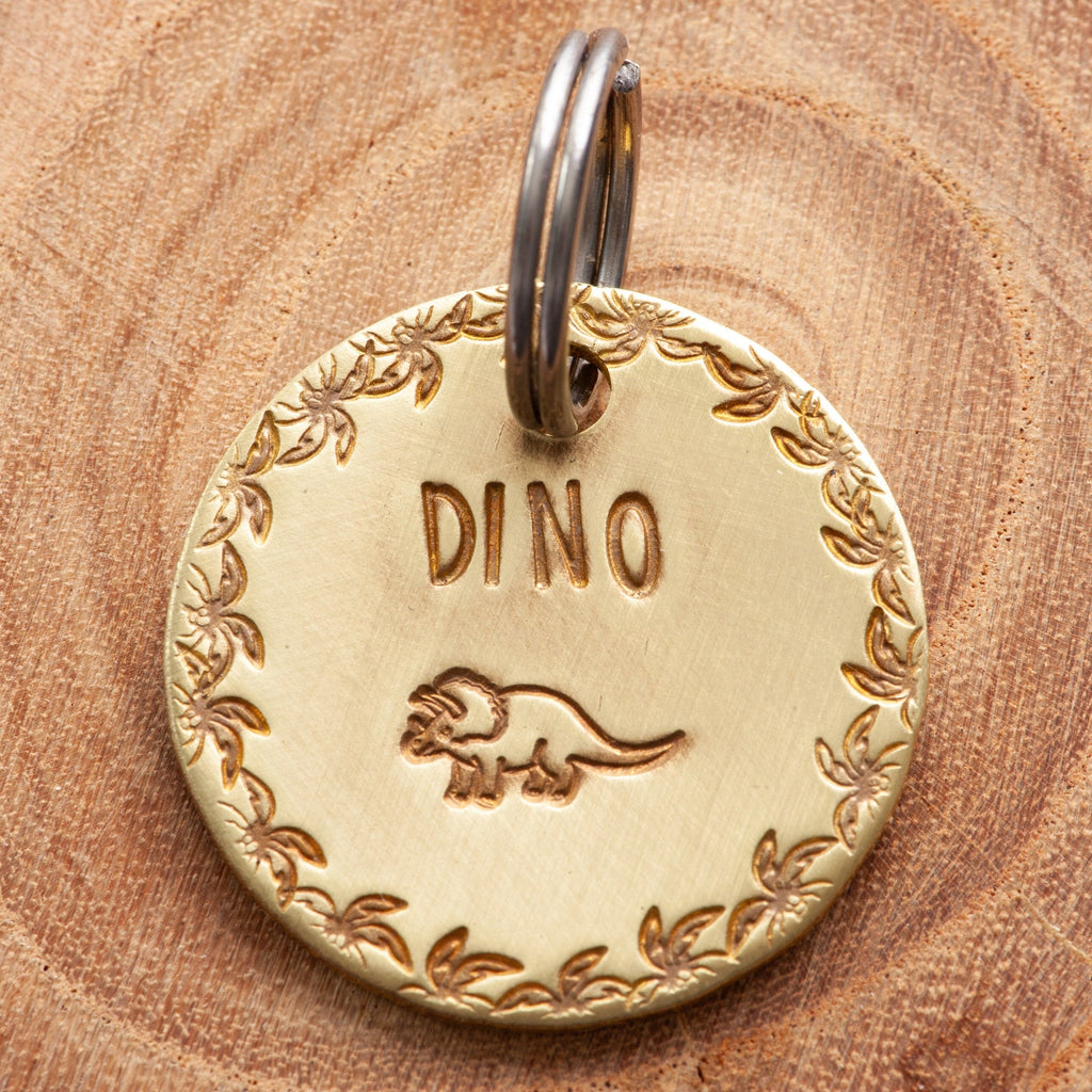 Dinosaur Pet ID tag - Cat or Dog Name Tag - Triceratops Stamped Cat ID Tag -- Small Brass (gold color) ID Tag - Custom Pet Tag