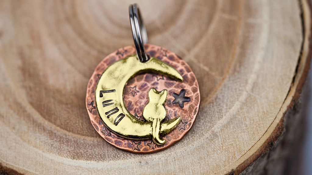 Custom Cat Tag - Small Cat on the Moon (gold tone) - 7/8" Copper Pet ID Tag - Hand Stamped Cat ID Tag
