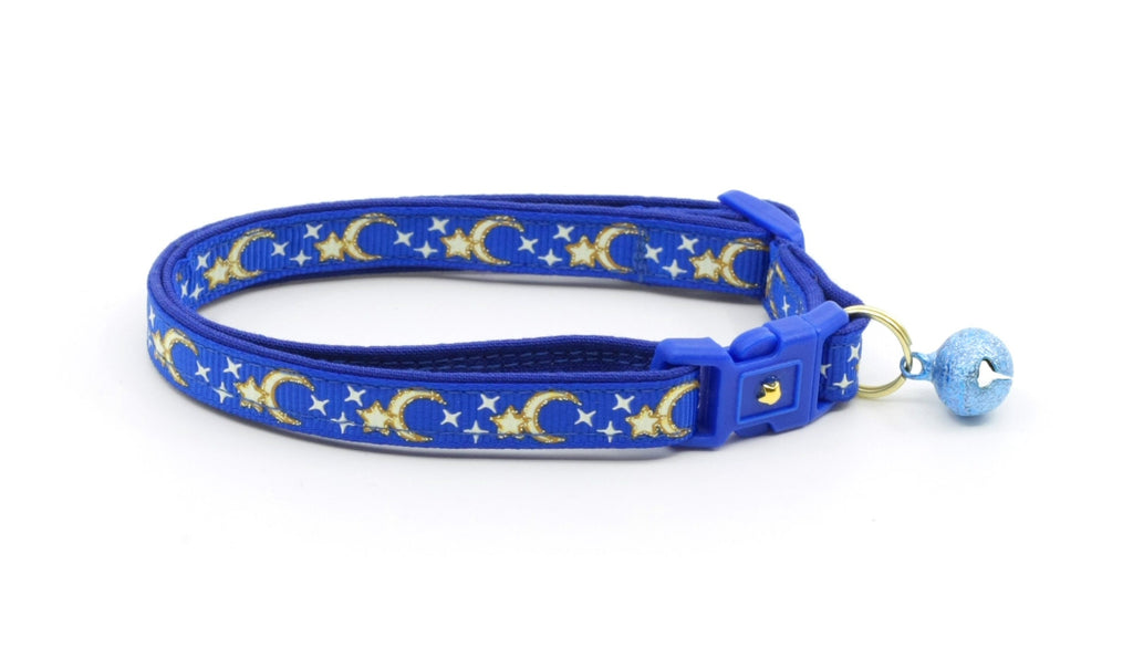 Moon Cat Collar - Gold Moons and Stars on Royal Blue - Breakaway Cat Collar - Kitten or Large size - Glow in the Dark B25D204