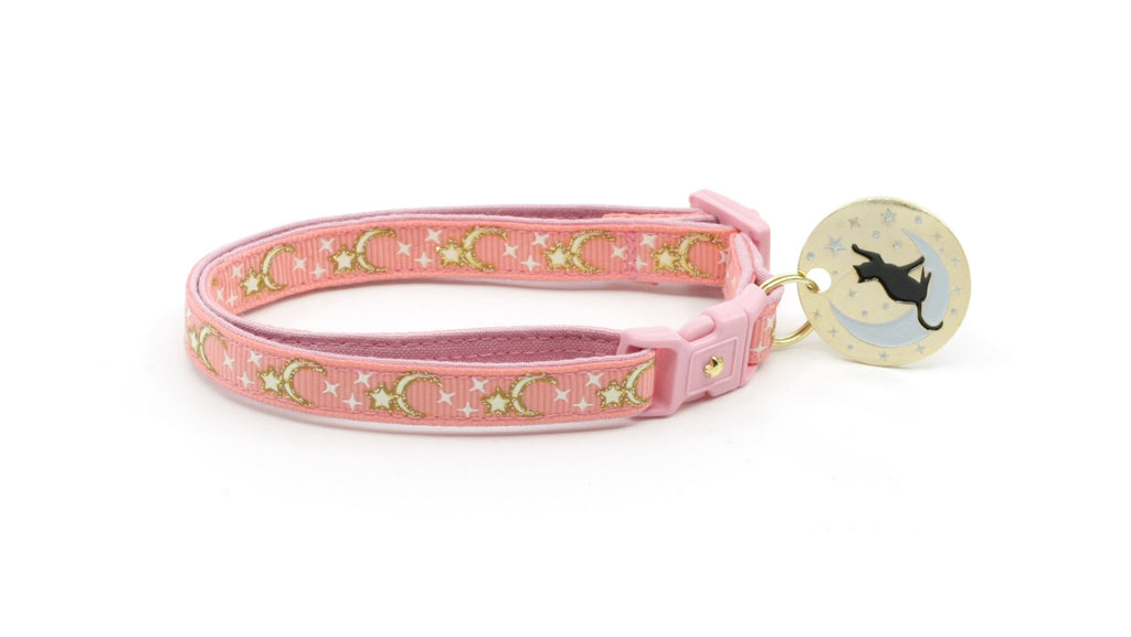 Moon Cat Collar - Gold Moons and Stars on Coral Pink - Breakaway Cat Collar - Kitten or Large size - Glow in the Dark B4D204