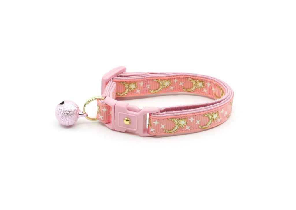 Moon Cat Collar - Gold Moons and Stars on Coral Pink - Breakaway Cat Collar - Kitten or Large size - Glow in the Dark B4D204