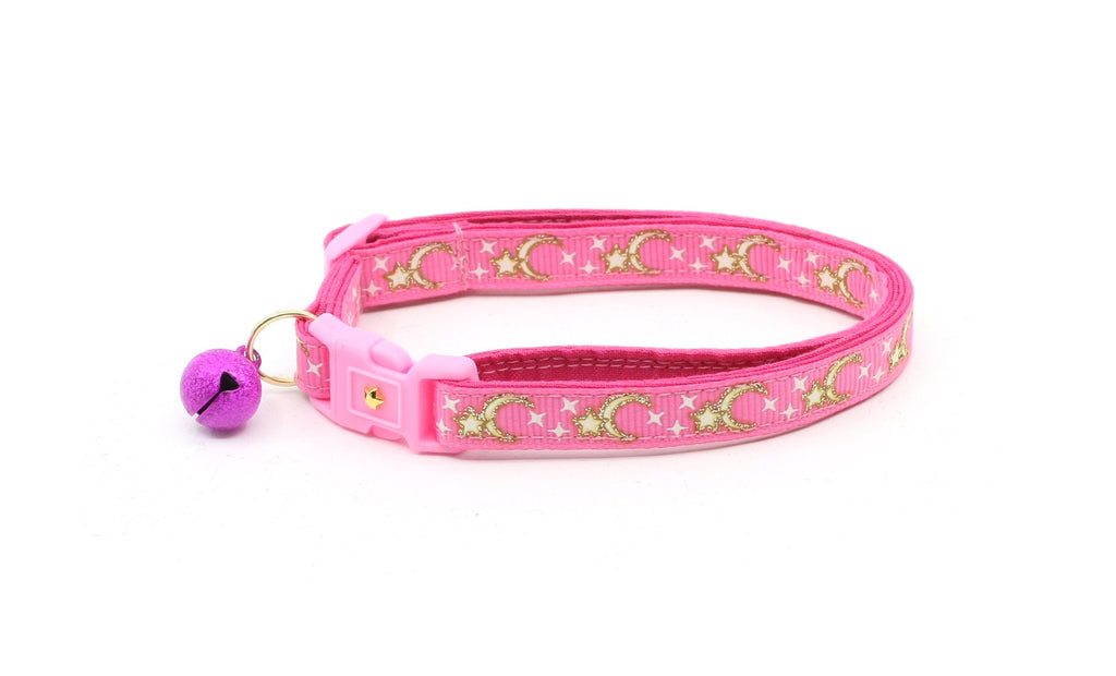 Moon Cat Collar - Gold Moons and Stars on Bright Pink - Breakaway Cat Collar - Kitten or Large size - Glow in the Dark B59D204