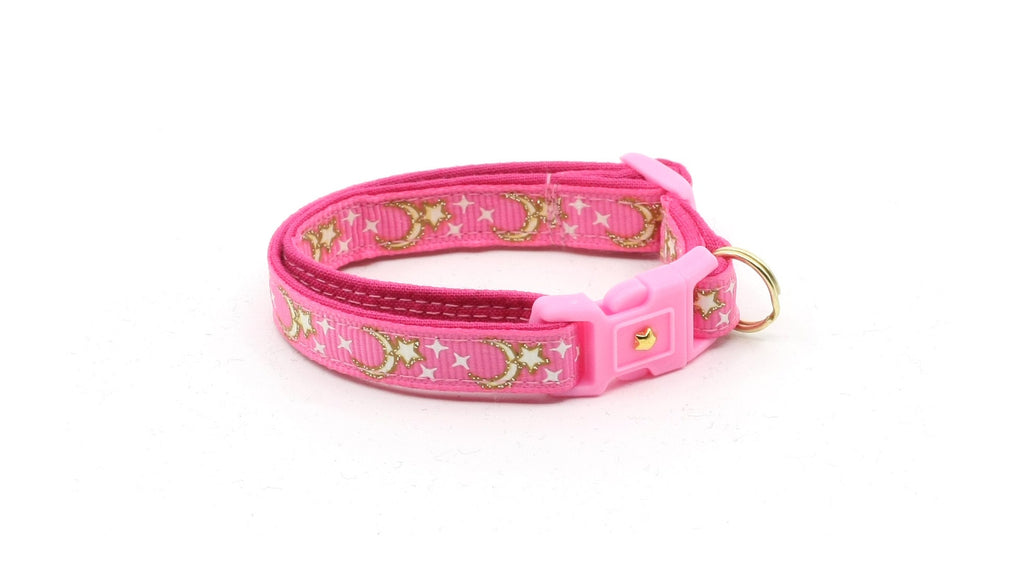 Moon Cat Collar - Gold Moons and Stars on Bright Pink - Breakaway Cat Collar - Kitten or Large size - Glow in the Dark B59D204