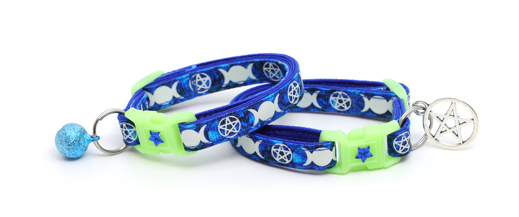 Wicca Cat Collar - Witch's Familiar on Sapphire - Breakaway Cat Collar - Kitten or Large size - Glow in the Dark B123D31