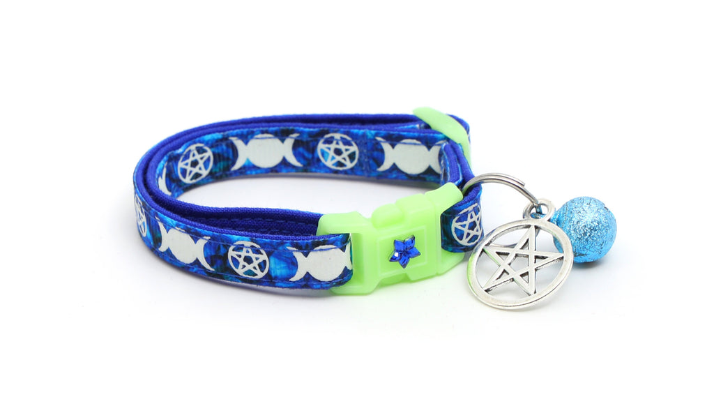 Wicca Cat Collar - Witch's Familiar on Sapphire - Breakaway Cat Collar - Kitten or Large size - Glow in the Dark B123D31
