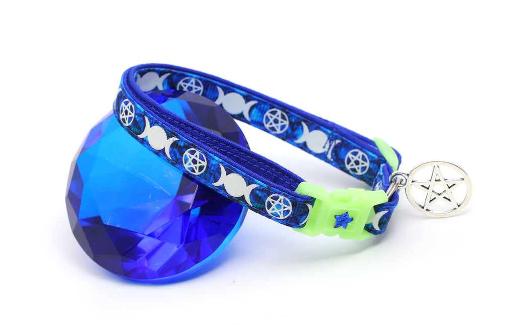Wicca Cat Collar - Witch's Familiar on Sapphire - Breakaway Cat Collar - Kitten or Large size - Glow in the Dark B123D31
