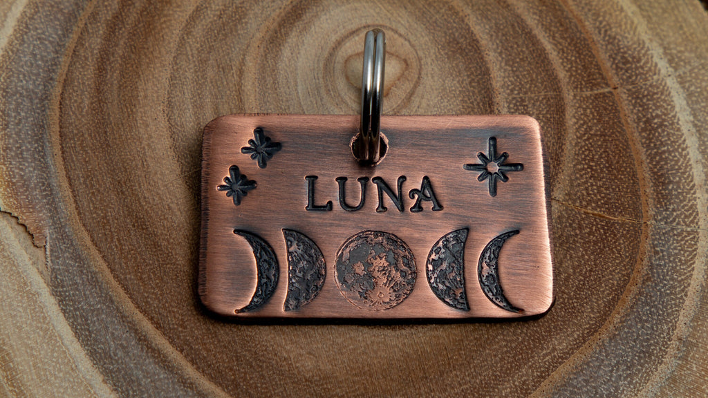 Lunar Phases Pet Tag - Custom Copper Pet ID Tag - Hand Stamped Dog or Cat ID Tag - Moon ID tag