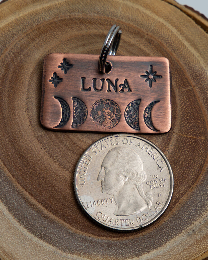 Lunar Phases Pet Tag - Custom Copper Pet ID Tag - Hand Stamped Dog or Cat ID Tag - Moon ID tag