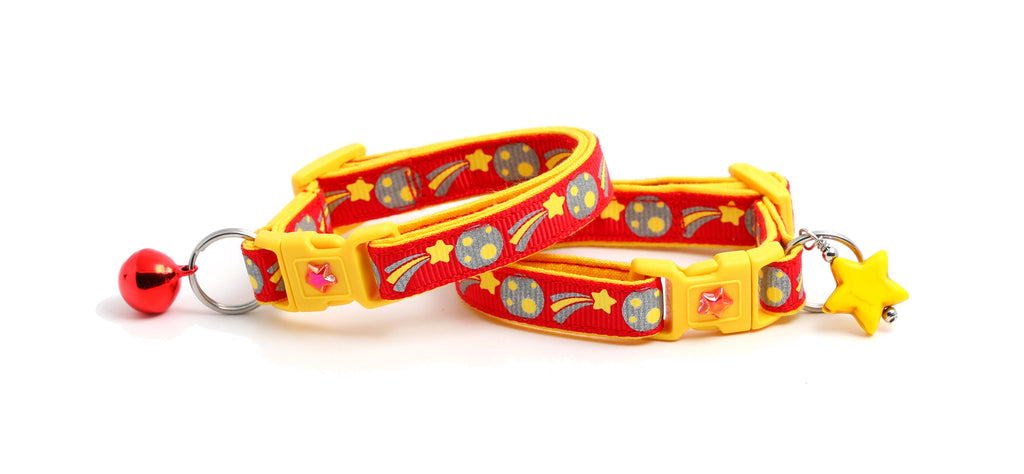 Reflective Cat Collar - Shooting Stars on Red - Breakaway Cat Collar - Kitten or Large size - B135D145