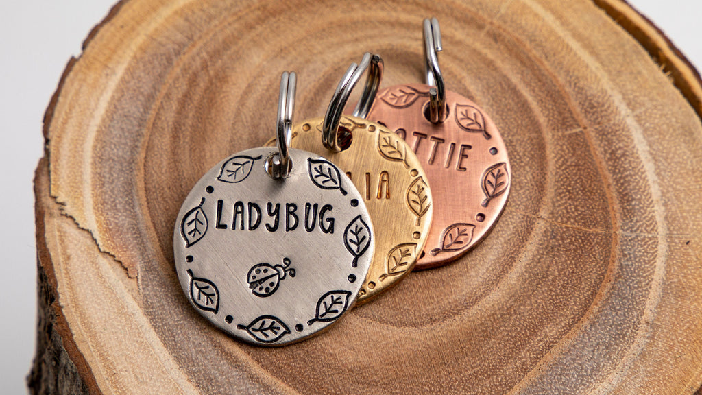 Ladybug pet ID tag (7/8 in) • Leaf Cat Name Tag • Cat or dog ID Tag • Stamped ID Tag • Small Name Tag • Custom Pet Tag • Brass Copper Nickel