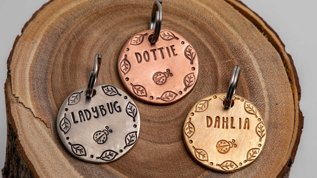 Ladybug pet ID tag (7/8 in) • Leaf Cat Name Tag • Cat or dog ID Tag • Stamped ID Tag • Small Name Tag • Custom Pet Tag • Brass Copper Nickel
